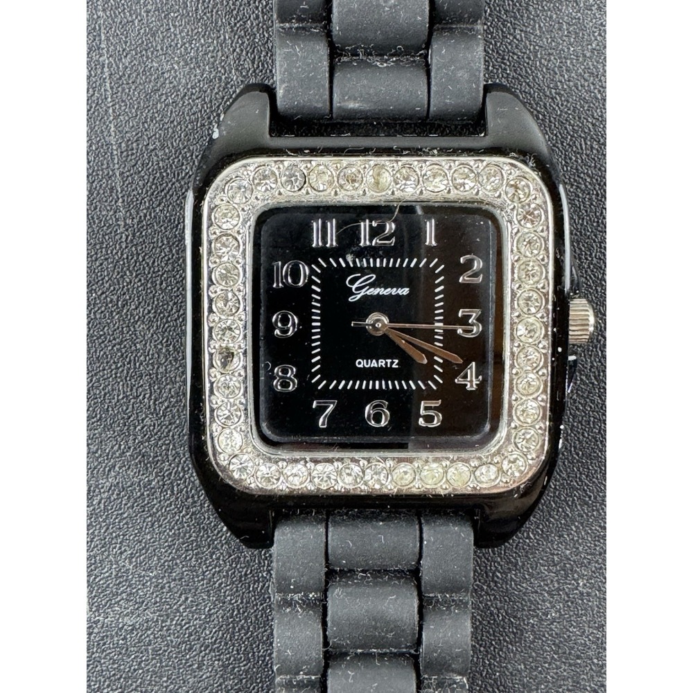 Geneva quartz square watch black face rhinestone bezel‎ sports band works